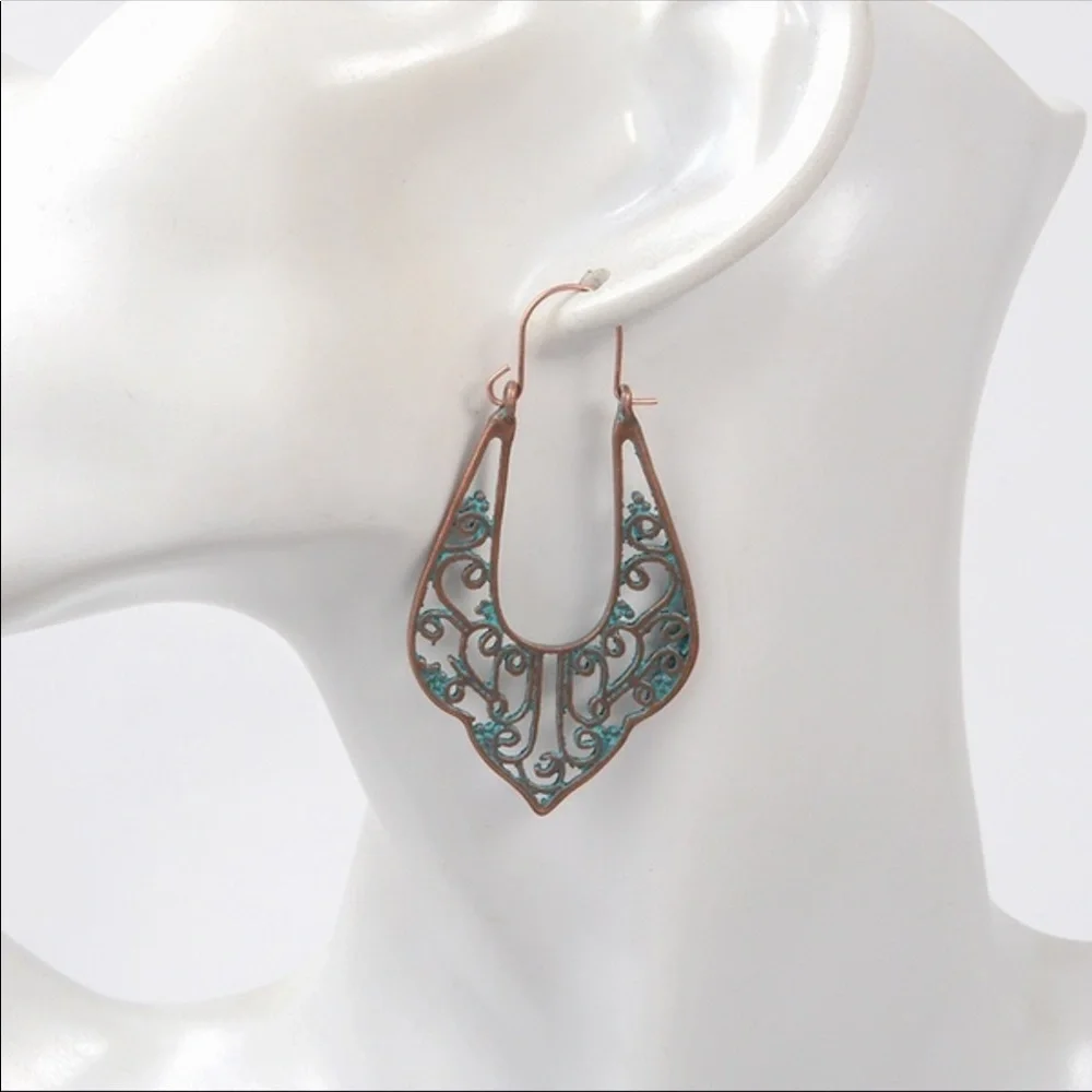 Bohemian filagree patina hook dangle earrings